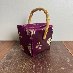Vintage Y2K Asian Gold Magenta Floral Take Out‎ Box Purse Bamboo Handle